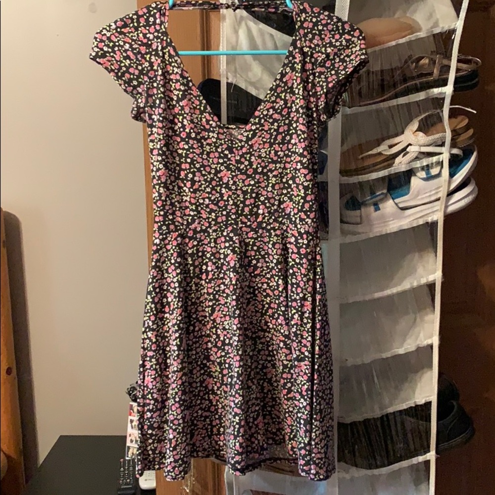 short sleeve, black, floral mini dress